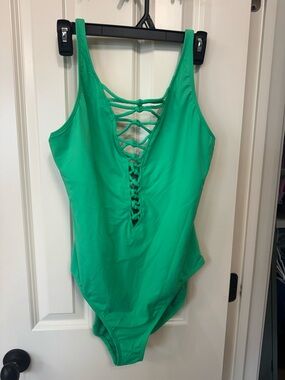 Bleu Rod Beattie Green One-Piece Swimsuit with Lace-Front Detail
